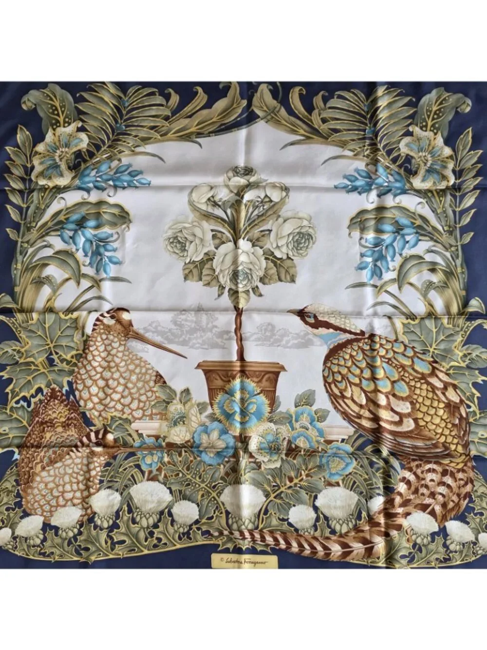 Vtg Salvatore Ferragamo Blue Pheasant Bird Silk Floral Print Hand Rolled Scarf